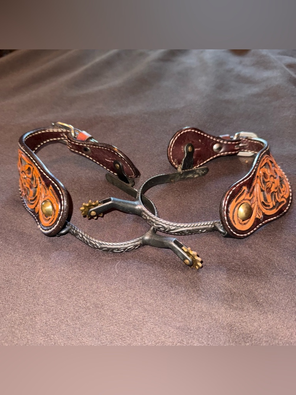 Leather Western Spur Straps with Tooled Orange Accents